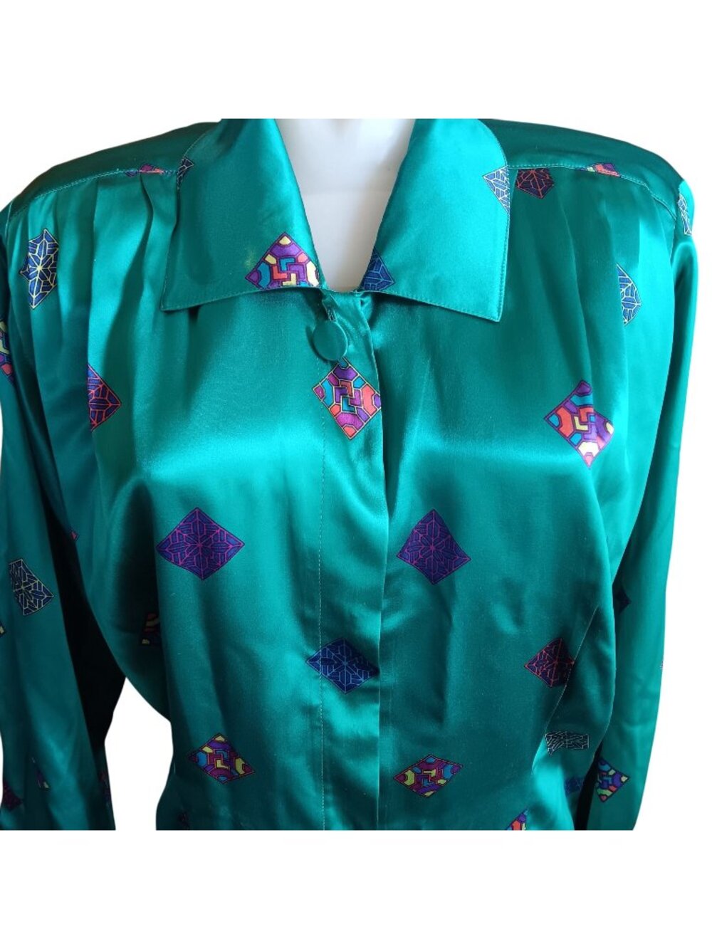 Anne Klein Silk Dress sz 6 Vintage Set Teal & Purple Geometric Pattern Skirt Top